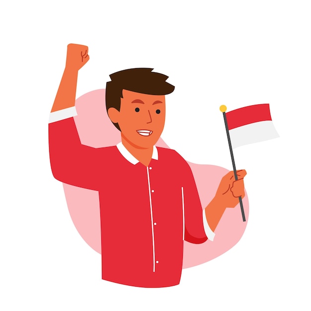 Vecteur homme excité célébrant le jour de l'indépendance indonésienne tenant le drapeau avec le poing en l'air