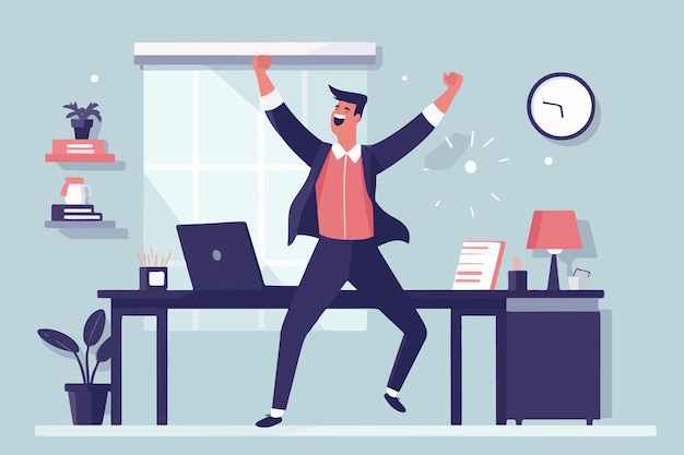 L'homme extatique danse et se délecte du succès Le travailleur souriant célèbre la victoire ou l'accomplissement au travail Reconnaissance des réalisations Graphique vectoriel