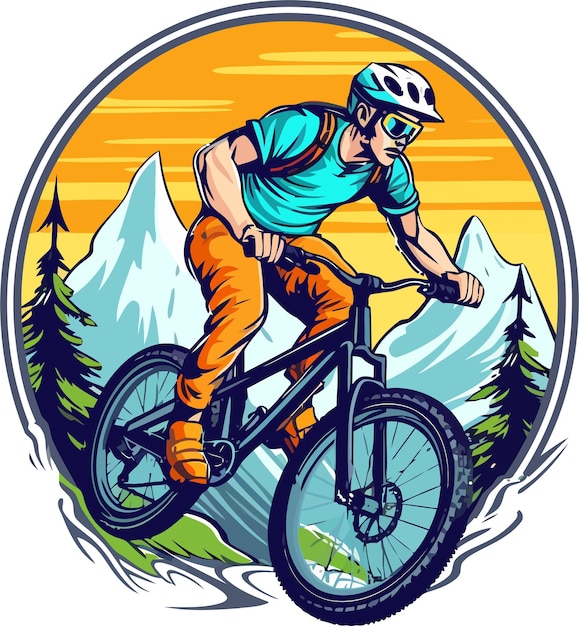 Un homme faisant du vélo de montagne avec une chemise bleue qui dit VTT.