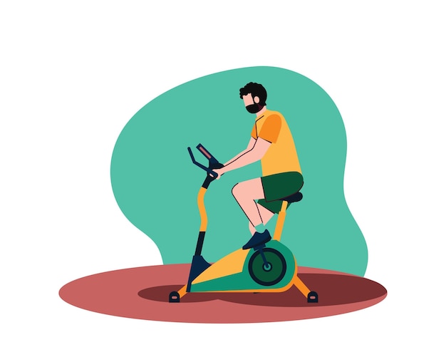 Homme Faisant Des Exercices Sportifs En Utilisant Un Vélo Statique Illustration Vectorielle Pour Le Sport Et Les Activités De Loisirs