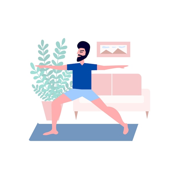 Homme faisant des exercices de yoga à la maison Homme avec barbe faisant une pose de yoga à l'intérieur de la maison