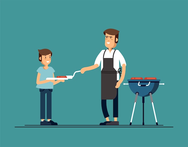 L'homme Fait Cuire Un Barbecue Avec Son Fils. Faites Frire La Viande Et Les Saucisses Sur Le Feu. Illustration Dans Un Style Plat