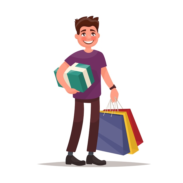 Vecteur l'homme fait du shopping. homme tenant des sacs et boîte-cadeau. illustration