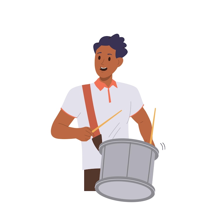 Vecteur homme fan de football personnage de dessin animé jouant du tambour chantant une chanson de soutien pour l'équipe de football préférée