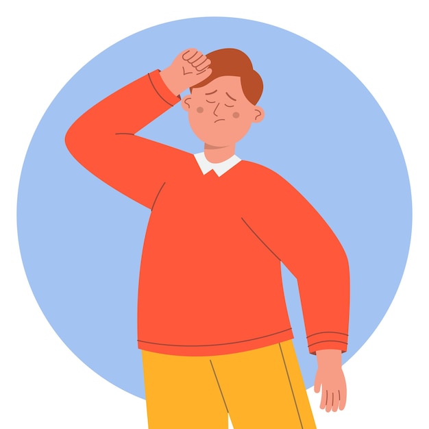 Homme Fatigué Avec Illustration Vectorielle Plane De Maux De Tête. Triste Homme Surmené Tenant La Tête Avec Sa Main, Souffrant De Stress, De Dépression Ou De Migraine Après Un Travail Acharné. Notion De Problème De Santé