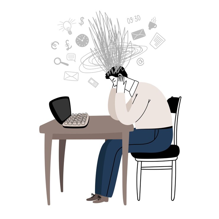 Vecteur homme fatigué sur le lieu de travail avec un tas de pensées et de tâches déroutantes dans sa tête un employé de bureau est assis à la table et se tient les mains derrière la tête