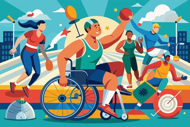 Vecteur un homme en fauteuil roulant est entouré d'un groupe de personnes dans un cadre social athlétisme paralympique personnalisable illustration disproportionnée