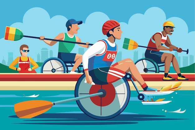 Vecteur un homme en fauteuil roulant rame un bateau sur l'eau rame paralympique personnalisable illustration disproportionnée