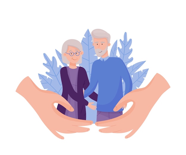Un homme et une femme âgés se tiennent ensemble et les mains les gardent illustration vectorielle