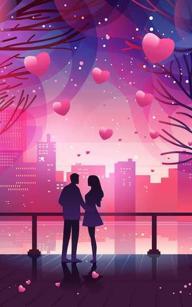 Vecteur homme femme amants se promenant dans le parc avec des cœurs rouges dans l'air joyeux jour de la saint-valentin célébration concept paysage urbain arrière-plan pleine longueur