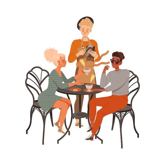 Un homme et une femme amoureux du café assis à une table de café buvant une boisson aromatique chaude illustration vectorielle