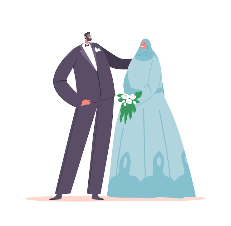 Vecteur un homme et une femme arabes nouvellement mariés portent des vêtements de fête traditionnels happy smiling couple islamique célébration du mariage