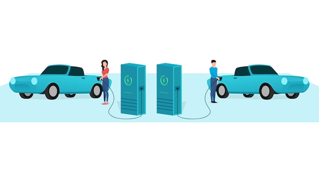 Homme Et Femme Chargeant Une Voiture Décapotable Au Véhicule De La Station De Charge Du Véhicule électrique à L'illustration Vectorielle Du Personnage D'affaires Du Point De Charge Ev Sur Fond Blanc