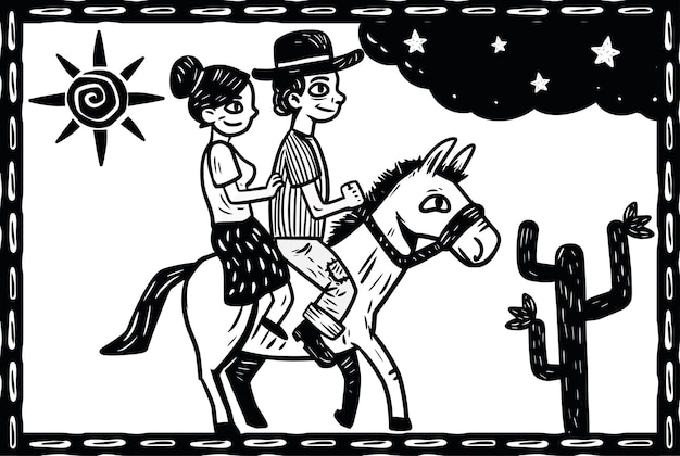 Vecteur homme et femme à cheval dans un cadre de l'arrière-pays