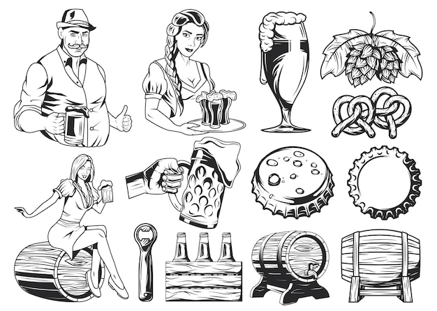Vecteur homme, femme, chope de bière, bouchon de bouteille de bière, houblon, bretzel, barils, bouteilles de bière et ouvre-bière.