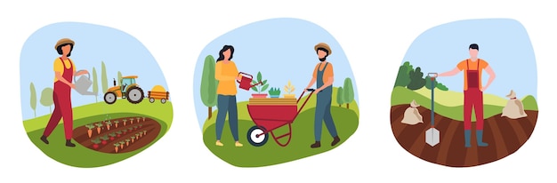 Vecteur homme et femme concept de jardinier jeunes personnages avec des outils de jardin plante des fleurs récolter des récoltes et