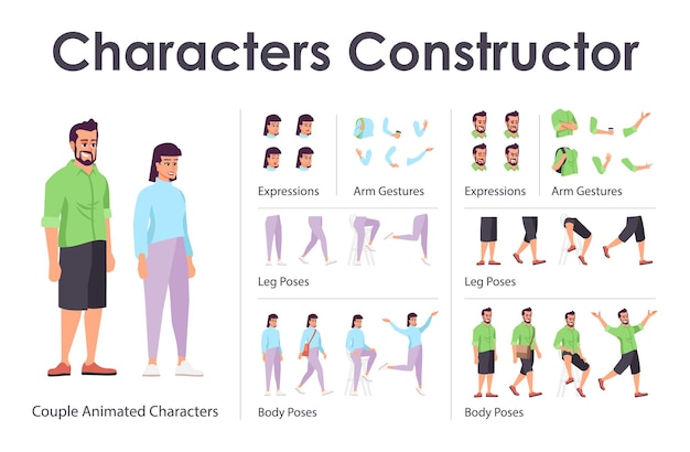 Homme, Femme Couple Vue De Face Ensemble De Conception De Personnages Vectoriels Plats Animés. Pack De Dessins Animés De Création D'animation De Personnages. Constructeur D'étudiants Avec Diverses émotions De Visage, Poses De Corps, Gestes De La Main, Kit De Jambes