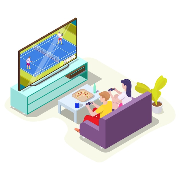 Homme et femme dans les écouteurs jouant au jeu vidéo de tennis à la télévision vector illustration isométrique jeu en ligne...