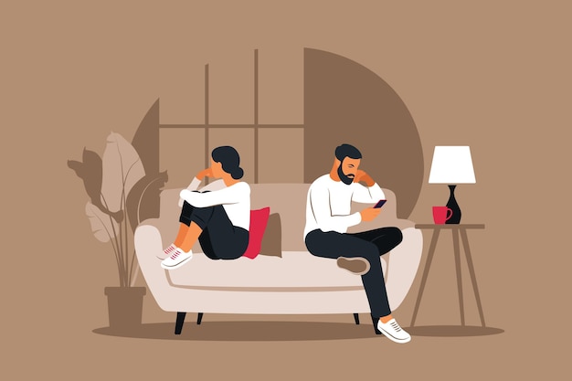 Homme et femme dans une querelle. Conflits entre mari et femme. Deux personnages assis dos à dos, désaccord, problèmes relationnels. Concept de divorce, malentendu en famille.