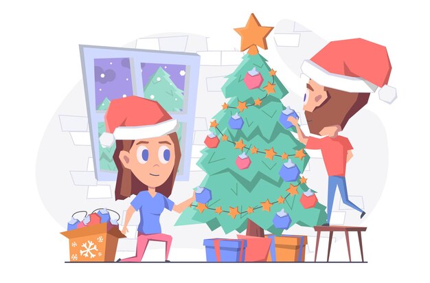 Un Homme Et Une Femme Décorant Le Sapin De Noël Avec Des Jouets