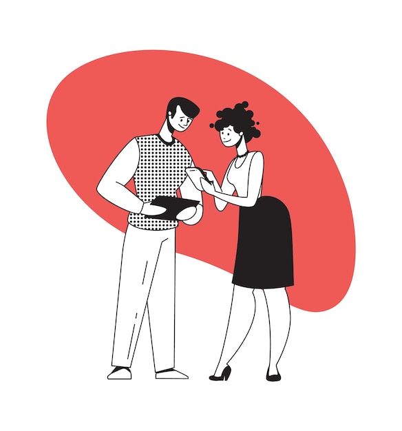 Homme Et Femme Discutent Du Travail Avec Des Gadgets Personnes Parlant Et Tenant Des Appareils Intelligents Travail D'équipe Et Communication Avec L'électronique Nouvelles Technologies Web Ou Illustration Vectorielle De Logiciel