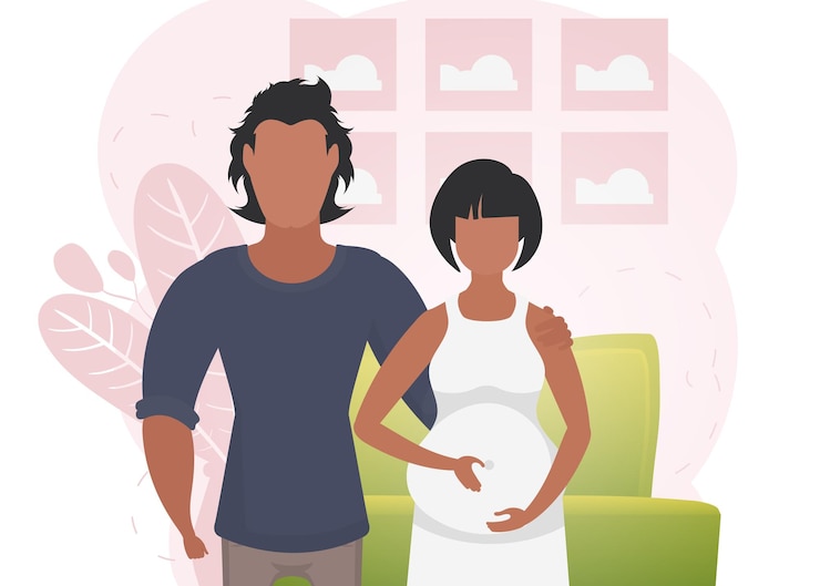 Vecteur homme et femme enceinte bannière sur le thème jeune famille attend la naissance d'un enfant bonne grossesse illustration vectorielle