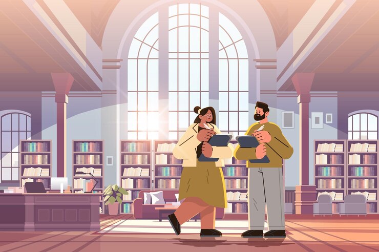Vecteur homme femme enseignants couple lecture de livres dans la bibliothèque bonne fête du travail concept horizontal