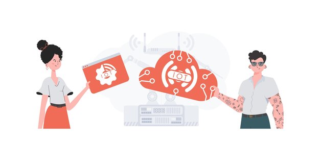 Un homme et une femme forment une équipe dans le domaine de l'Internet des objets Concept de l'Internet des objets Bon pour les présentations et les sites Web Illustration vectorielle dans un style plat branché