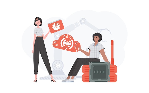 Un homme et une femme forment une équipe dans le domaine de l'Internet des objets Concept IoT Bon pour les présentations et les sites Web Illustration vectorielle dans un style plat