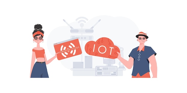 Un homme et une femme forment une équipe dans le domaine de l'Internet des objets Concept IoT Bon pour les sites Web et les présentations Illustration vectorielle dans un style plat