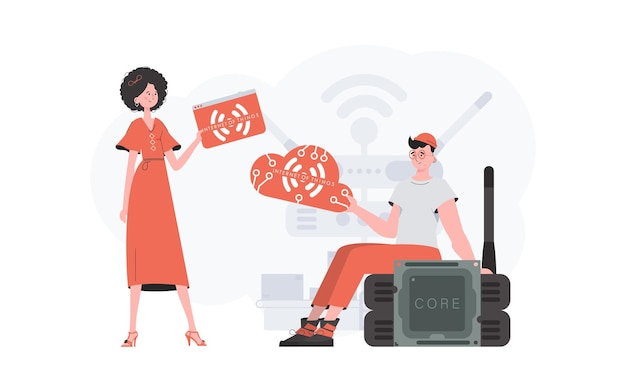 Un homme et une femme forment une équipe dans le domaine de l'Internet des objets Internet des objets et concept d'automatisation Bon pour les présentations et les sites Web Illustration vectorielle dans un style plat