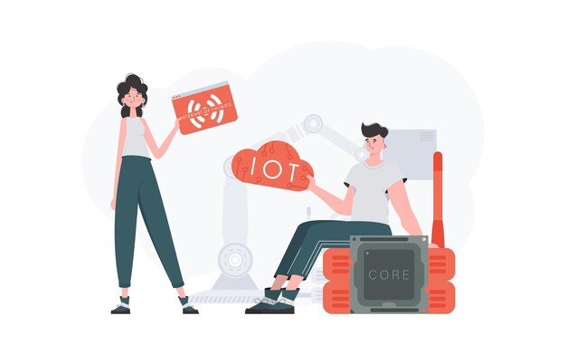 Un homme et une femme forment une équipe dans le domaine de l'Internet des objets Internet des objets et concept d'automatisation Bon pour les présentations et les sites Web Style plat tendance