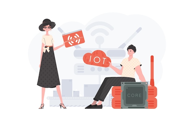 Un homme et une femme forment une équipe dans le domaine de l'Internet des objets IOT et du concept d'automatisation Bon pour les sites Web et les présentations Illustration vectorielle dans un style plat