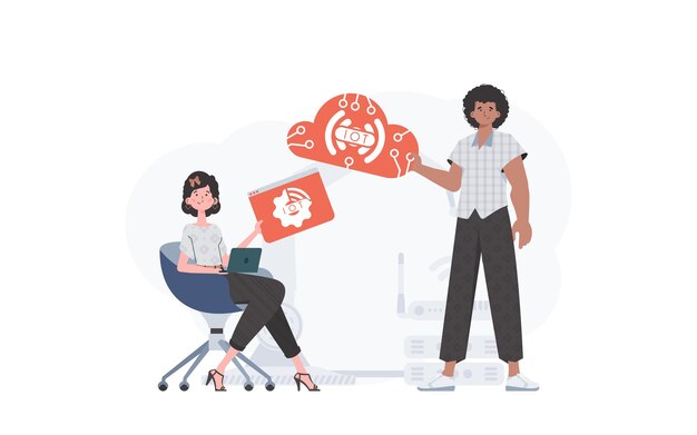 Un homme et une femme forment une équipe dans le domaine de l'Internet des objets IOT et du concept d'automatisation Bon pour les sites Web et les présentations Illustration vectorielle
