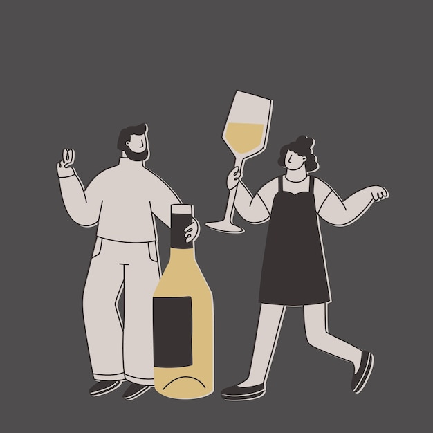 Vecteur homme et femme mignons avec une énorme bouteille de vin blanc et un énorme verre personnages exagérés drôles pour le design sur le thème du vin ou des boissons alcoolisées illustration vectorielle plate