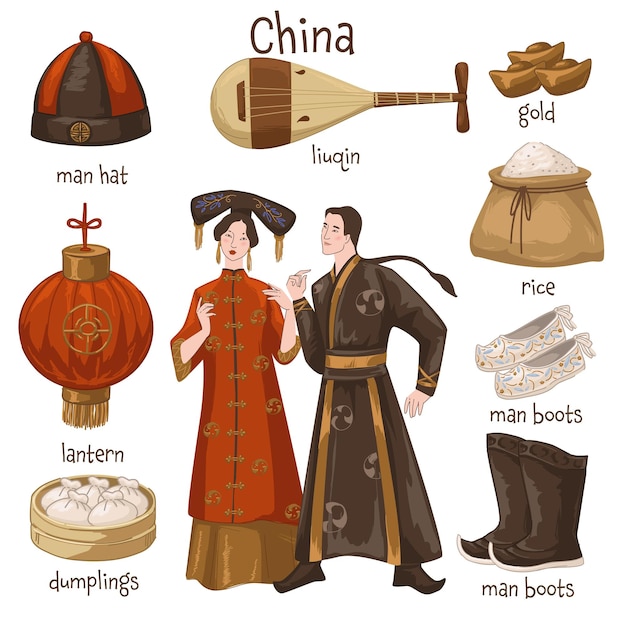 Vecteur homme et femme portant des vêtements traditionnels chinois. meubles et effets personnels. du riz et des boulettes, un chapeau et des chaussures, des bottes et de l'or. instrument de musique à cordes liuqin. vecteur dans un style plat