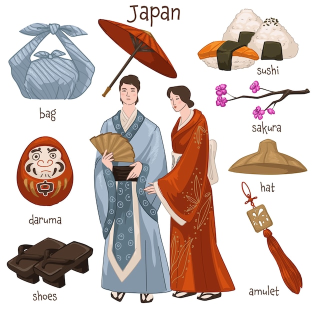 Homme Et Femme Portant Des Vêtements Traditionnels Japonais. Homme Et Femme Vivant Au Japon, Vêtements Kimono. Sac Et Sushi, Sakura Et Poupée Daruma, Amulette Et Vieux Chapeau De Paille. Vecteur Dans Un Style Plat