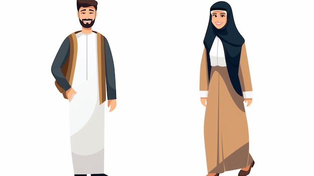 Vecteur un homme et une femme en robe se tiennent devant un fond blanc