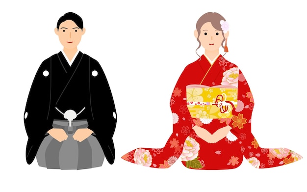 Homme et femme saluant le nouvel an Seiza assis en kimono Montsuki Hakama et Furisode