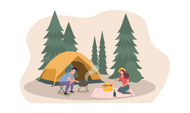 Vecteur un homme et une femme se détendent dans la nature dans un camp de tentes. illustration de style plat.