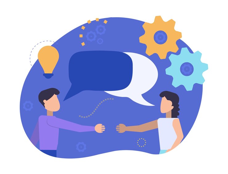 L'homme et la femme se rencontrent pour se serrer la main. Les partenaires communiquent et parlent. Les hommes d'affaires discutent, les actualités, les réseaux sociaux, le chat, les bulles de dialogue. Illustration vectorielle des personnages.