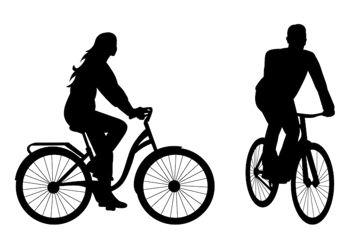 Vecteur homme et femme sur une silhouette de vélo sur un vecteur de fond blanc