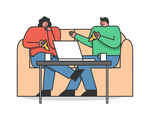L'homme Et La Femme Sont Assis Sur Un Canapé Dans Un Café Ou à La Maison Manger De La Pizza