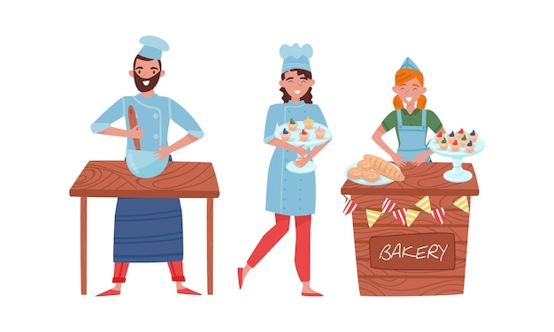 Homme et femme souriants cuisinant du pain et faisant des bonbons Set d'illustrations vectorielles