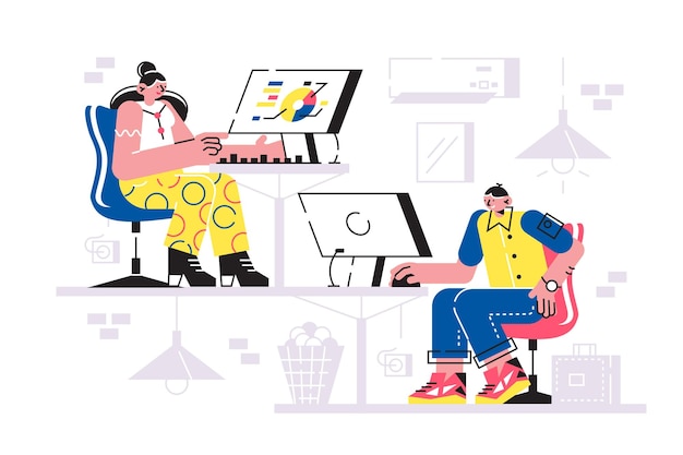 Vecteur homme et femme travaillant dans l'illustration vectorielle de bureau collègues assis sur le lieu de travail avec des ordinateurs modernes et un concept de style plat de projet d'entreprise de créature