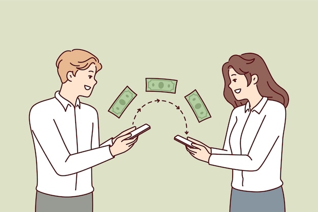 L'homme et la femme utilisent l'application bancaire sur leur téléphone pour transférer de l'argent via Internet Image vectorielle