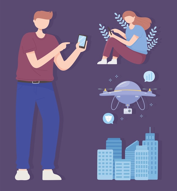 Homme et femme avec ville intelligente de drone mobile, illustration de la technologie sans fil du réseau 5G