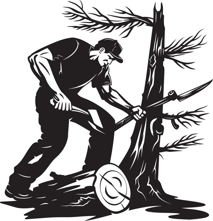 Vecteur l'homme de la forêt qui coupe un arbre logo du bois tango de l'icône vectorielle noire