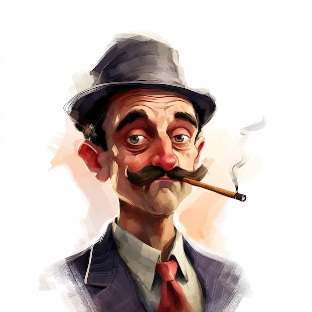 Homme français avec moustache fumant de la peinture aquarelle de cigarette