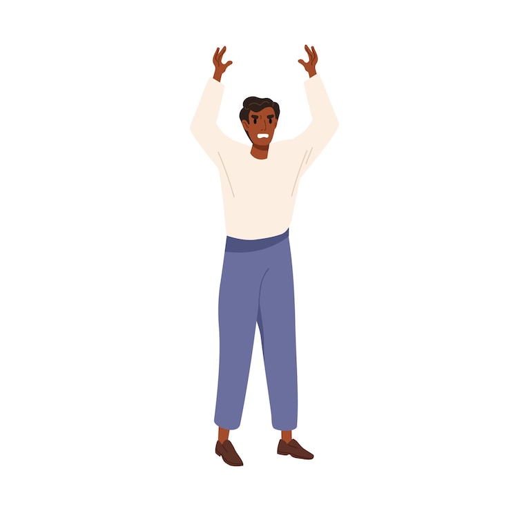 Vecteur homme frustré en colère dans la rage. fou agacé. une colère humaine furieuse et agressive, debout avec les bras levés et une expression de visage mécontente. illustration vectorielle plane isolée sur fond blanc